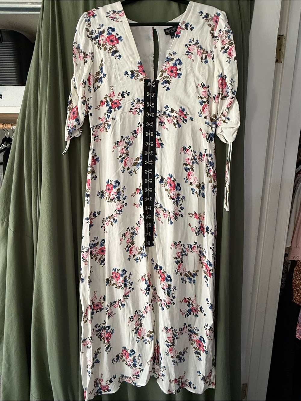 Topshop Cream Midi Dress with Pink & Blue Floral Print SZ 10 NWT rare find